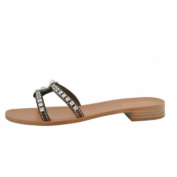 Prada Women's Leather Crystal Decorated Flip Flop - Picture 2 of 8